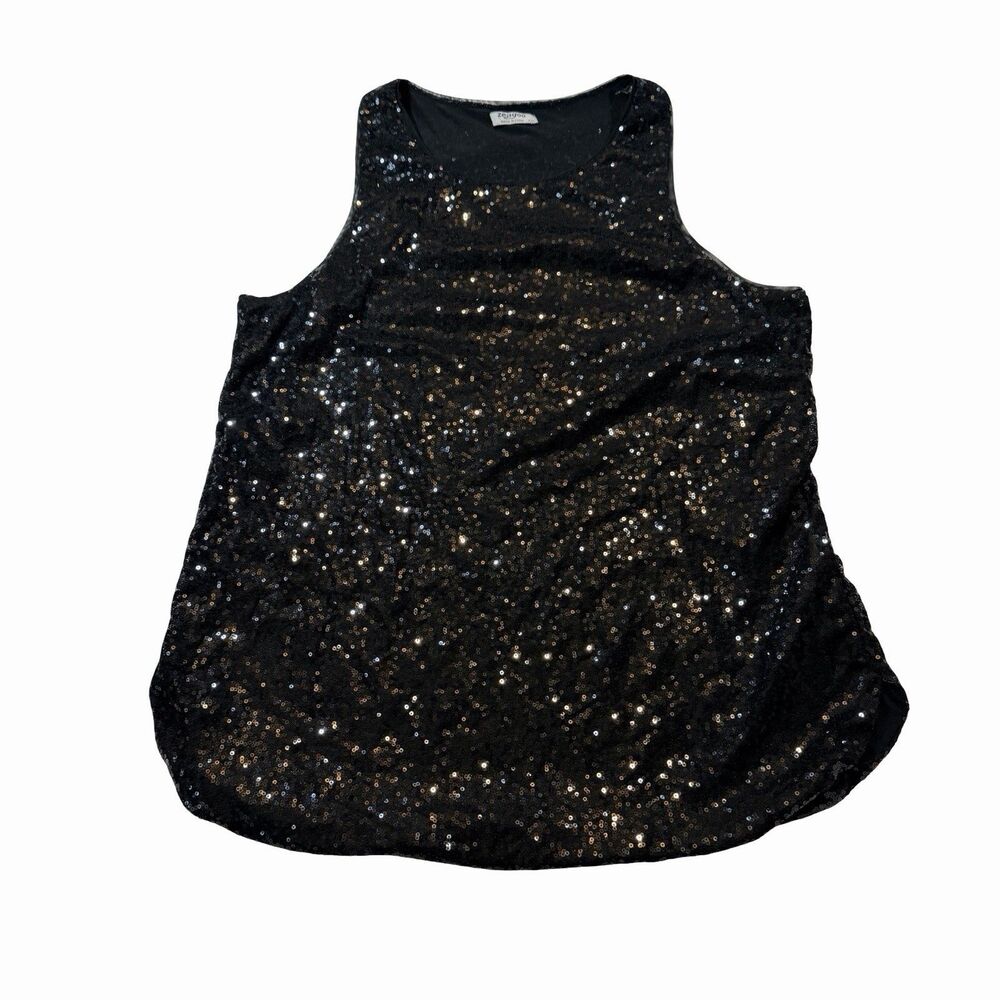 Zeagoo Sequined Top Women's XXL Black Tank Top Mesh Lined Tunic Sleeveless